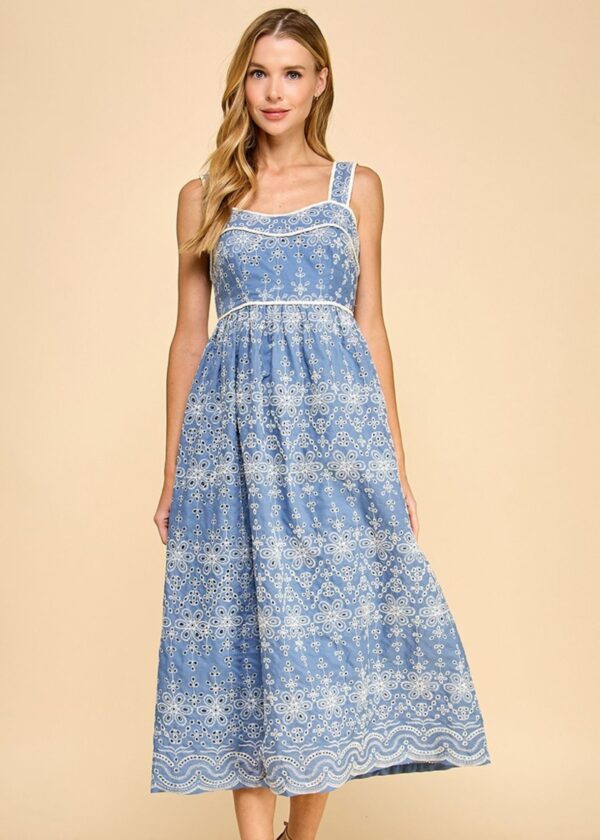 BLUE AND WHITE FLORAL EYELET MIDI DRESS