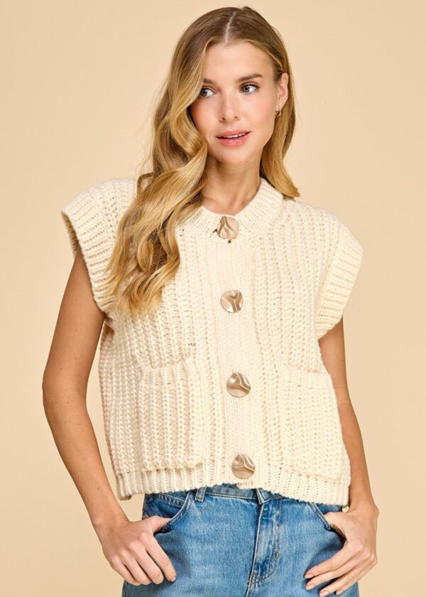 IVORY CHUNKY KNIT BUTTON UP SWEATER VEST