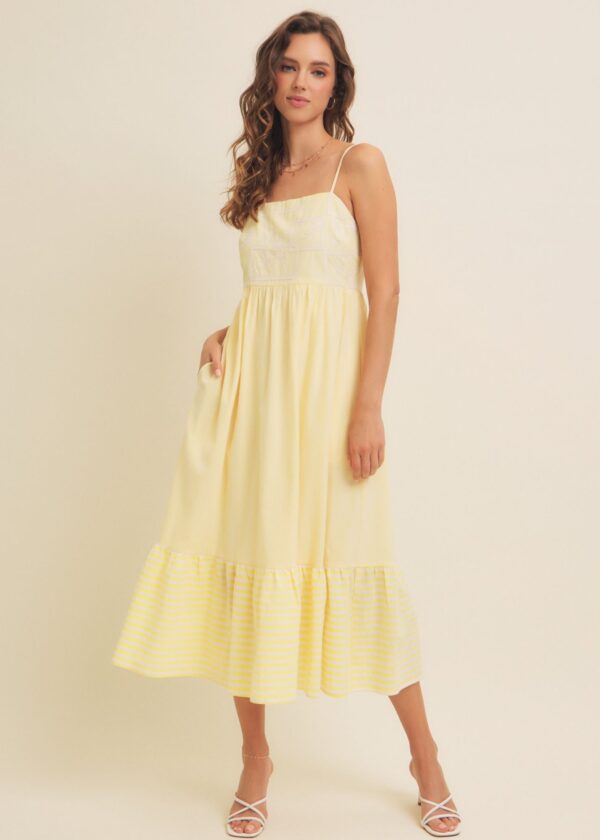 LEMON YELLOW MIDI DRESS WITH WHITE EMBROIDERED DETAIL