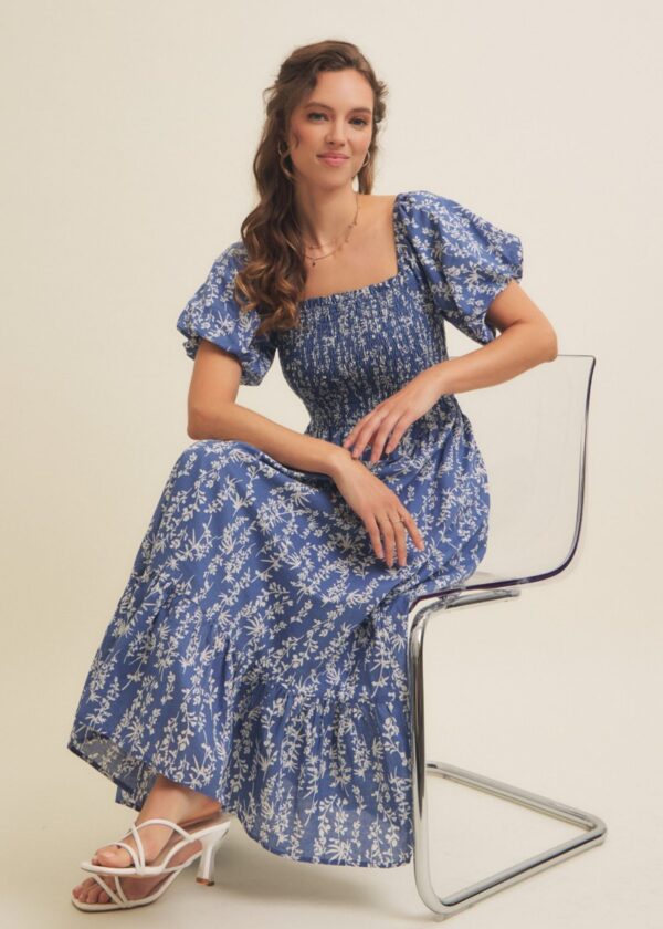 BLUE AND WHITE FLORAL SMOCKED MIDI DRESS