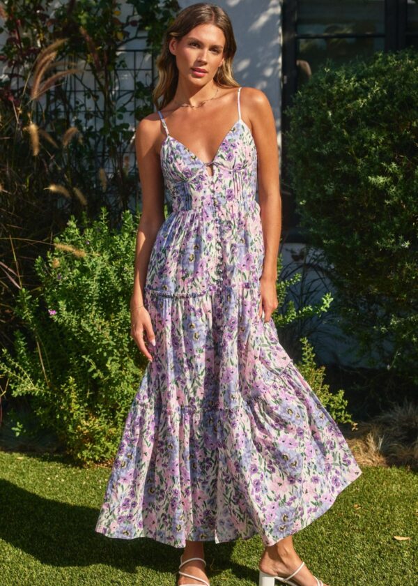 LILAC TIERED FLORAL MAXI DRESS