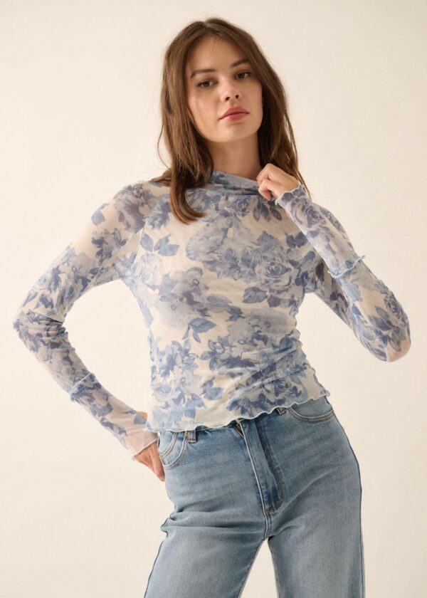 CREAM AND BLUE FLORAL MESH TOP