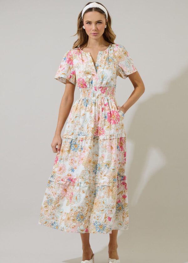 MULTI COLOR FLORAL PRINT POPLIN MAXI DRESS