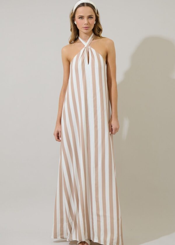 TAUPE AND WHITE STRIPE MAXI SHIFT DRESS