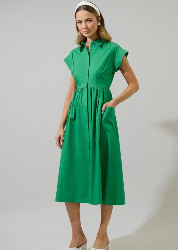 KELLY GREEN SHORT SLEEVE MIDI SHIRT DRESS