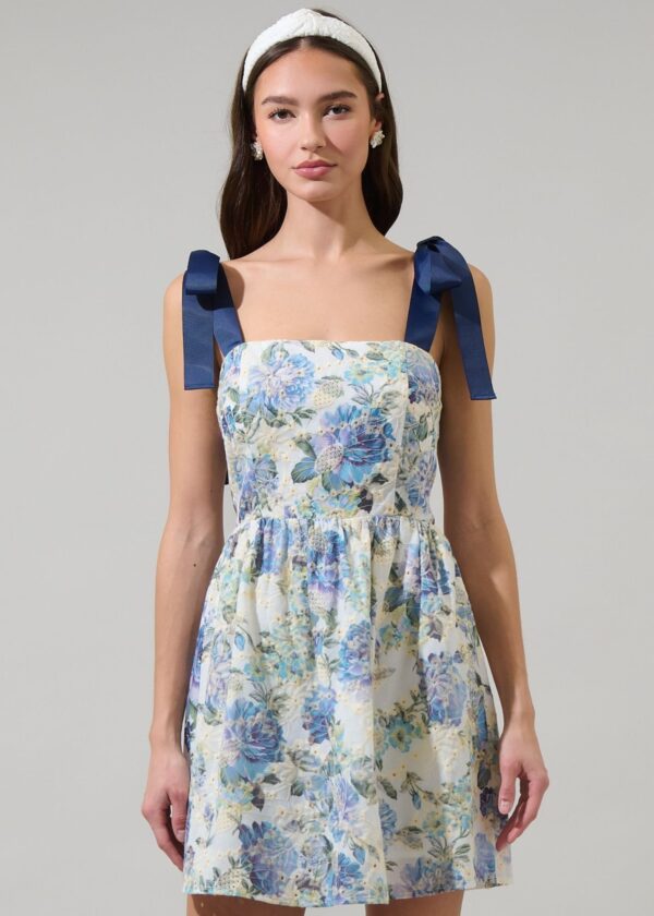 WHITE AND BLUE FLORAL FIT AND FLARE MINI DRESS