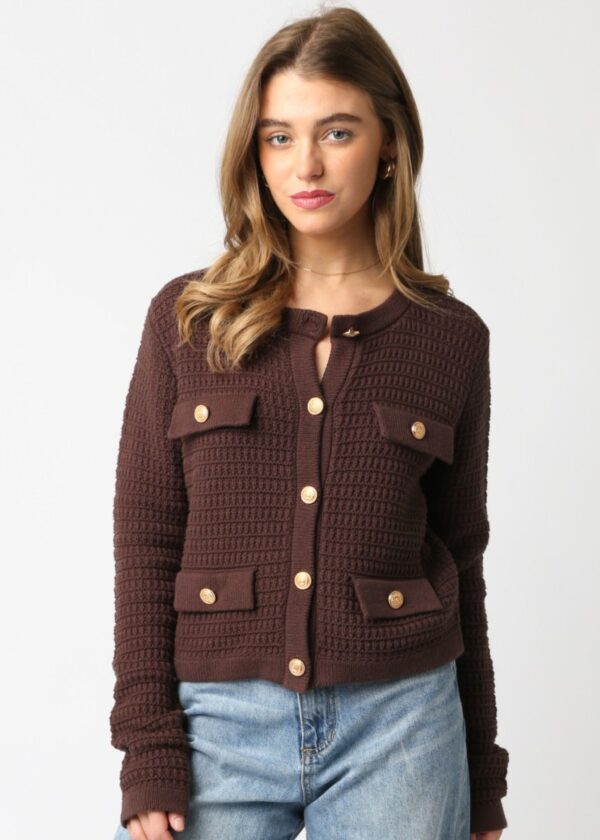 BROWN CHUNKY WAFFLE KNIT CARDIGAN WITH GOLD BUTTONS