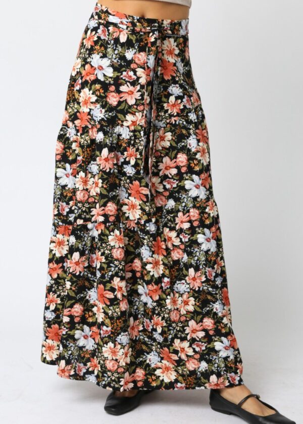 BLACK, RED, PINK, AND BLUE FLORAL TIERED MAXI SKIRT
