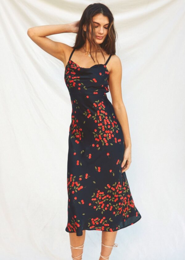 BLACK CHERRY PRINT OPEN BACK SATIN MIDI DRESS