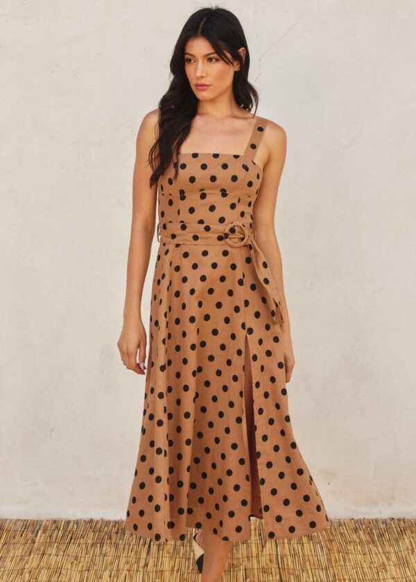 MOCHA BROWN AND BLACK POLKA DOT LINEN MIDI DRESS
