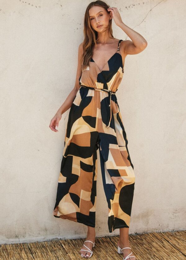 BLACK AND TAUPE GEOMETRIC PRINT JUMPSUIT