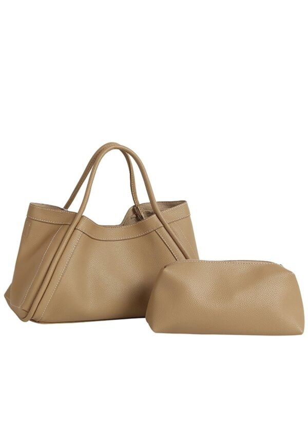 TAUPE FAUX LEATHER SATCHEL BAG WITH MATCHING ZIPPER POUCH