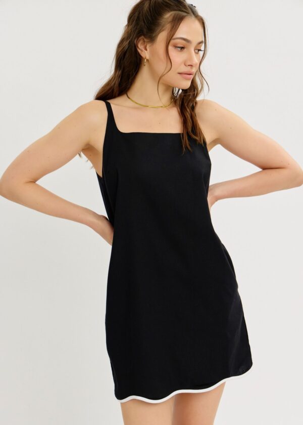 BLACK MINI DRESS WITH WHITE SCALLOPED HEM