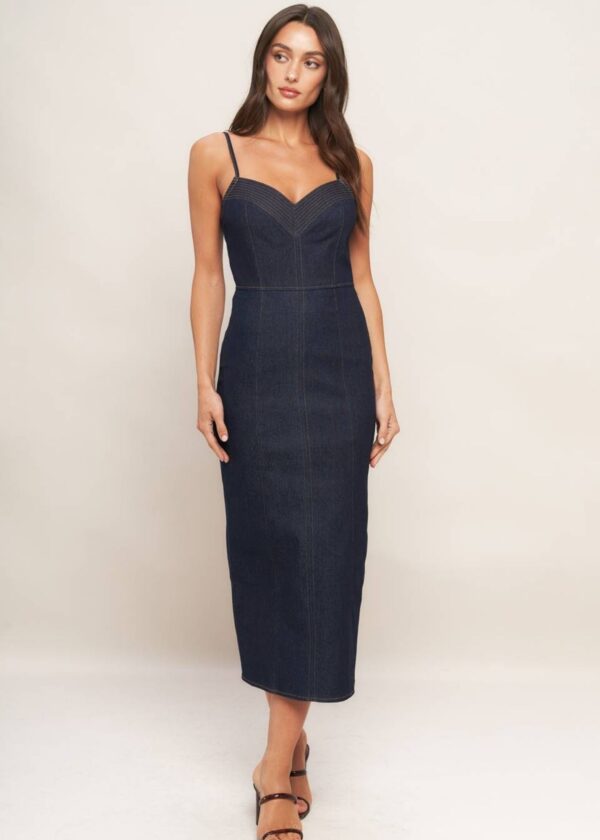 DARK WASH DENIM BODYCON MIDI DRESS
