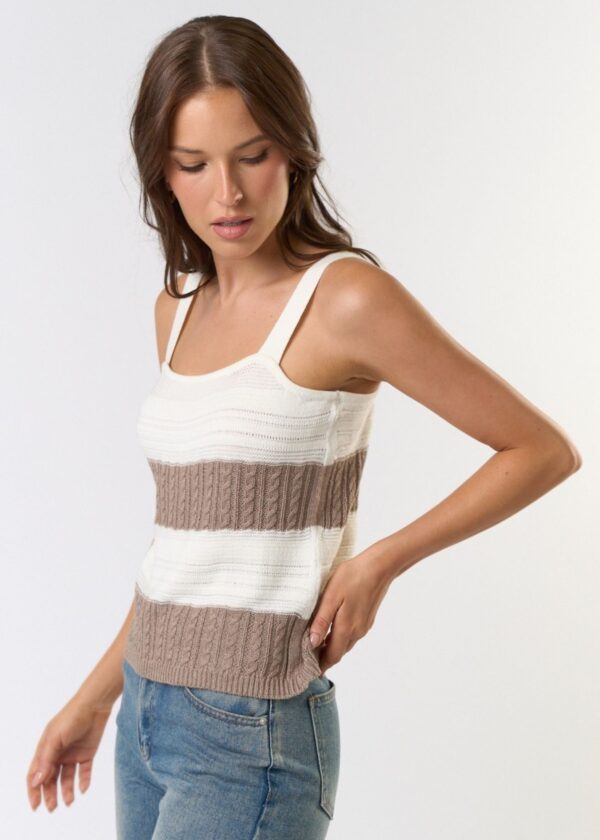 CREAM AND TAUPE STRIPE CABLE KNIT TANK TOP
