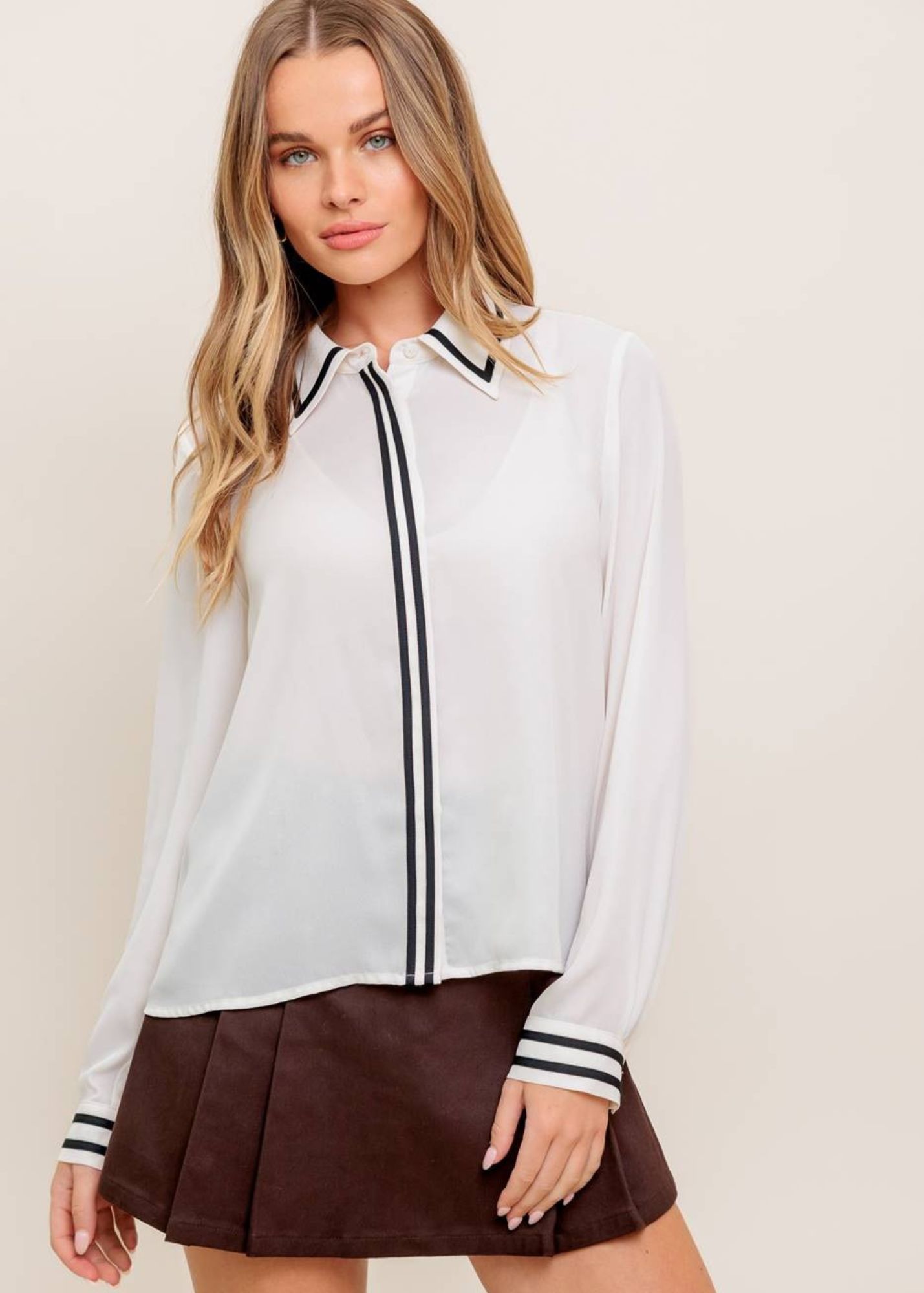 KIM CONTRAST STRIPE BUTTON UP TOP