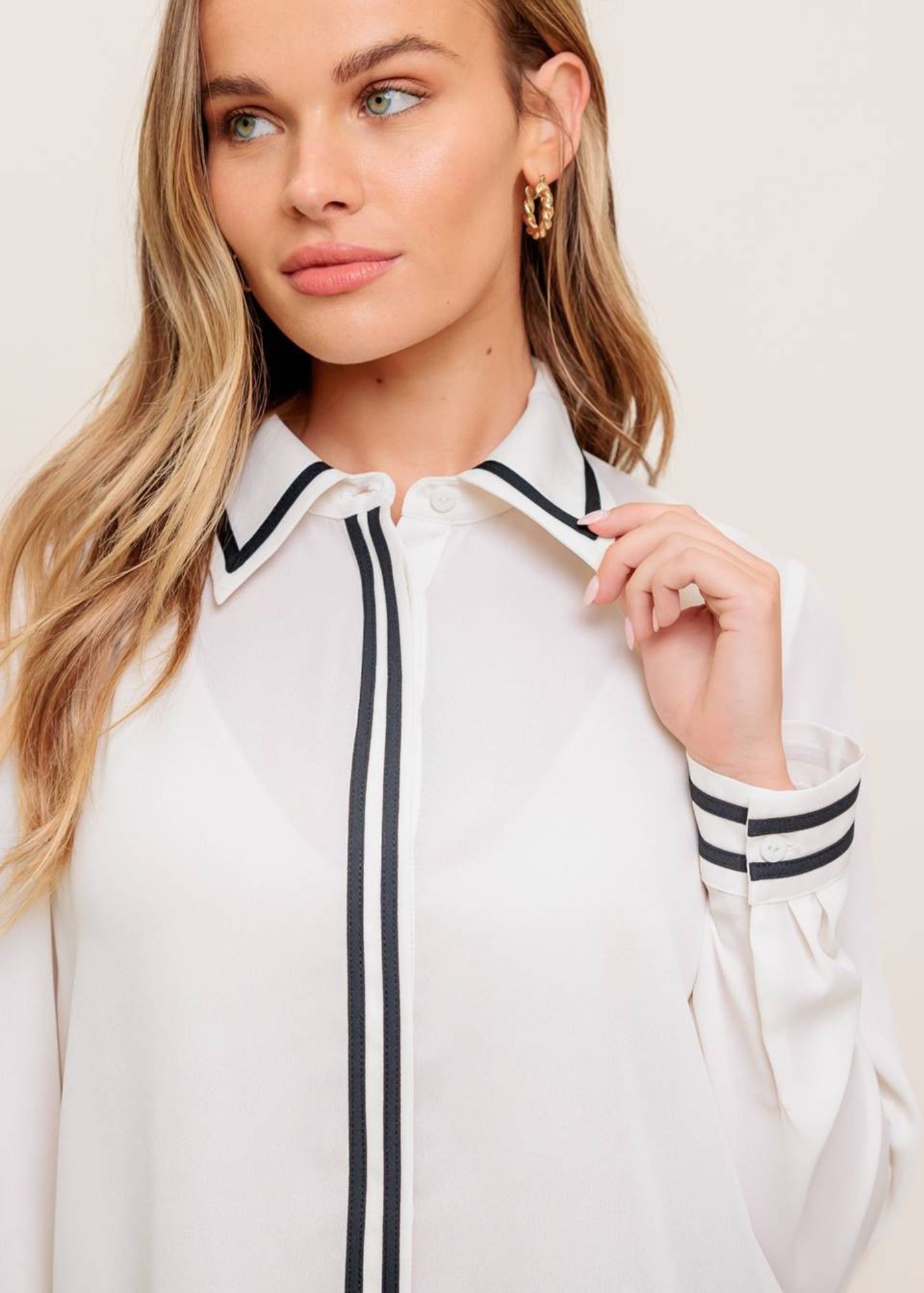 KIM CONTRAST STRIPE BUTTON UP TOP