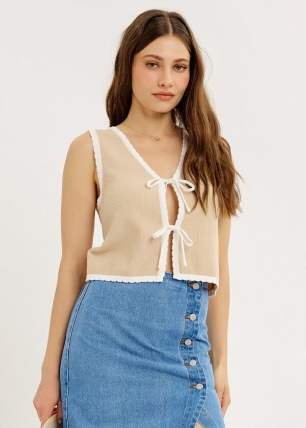 TAUPE AND WHITE CONTRAST TRIM FRONT TIE VEST