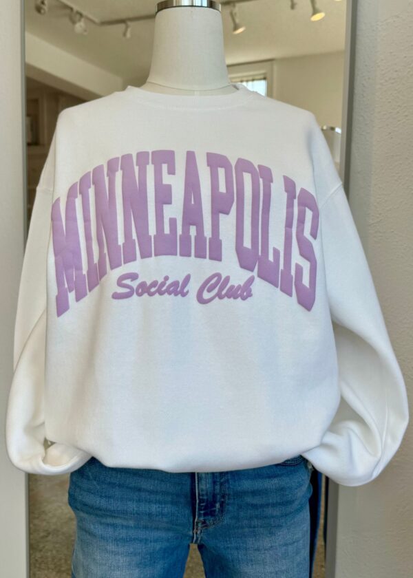 WHITE CREW NECK SWEATSHIRT WITH PURPLE MINNEAPOLIS SOCIAL CLUB PRINT