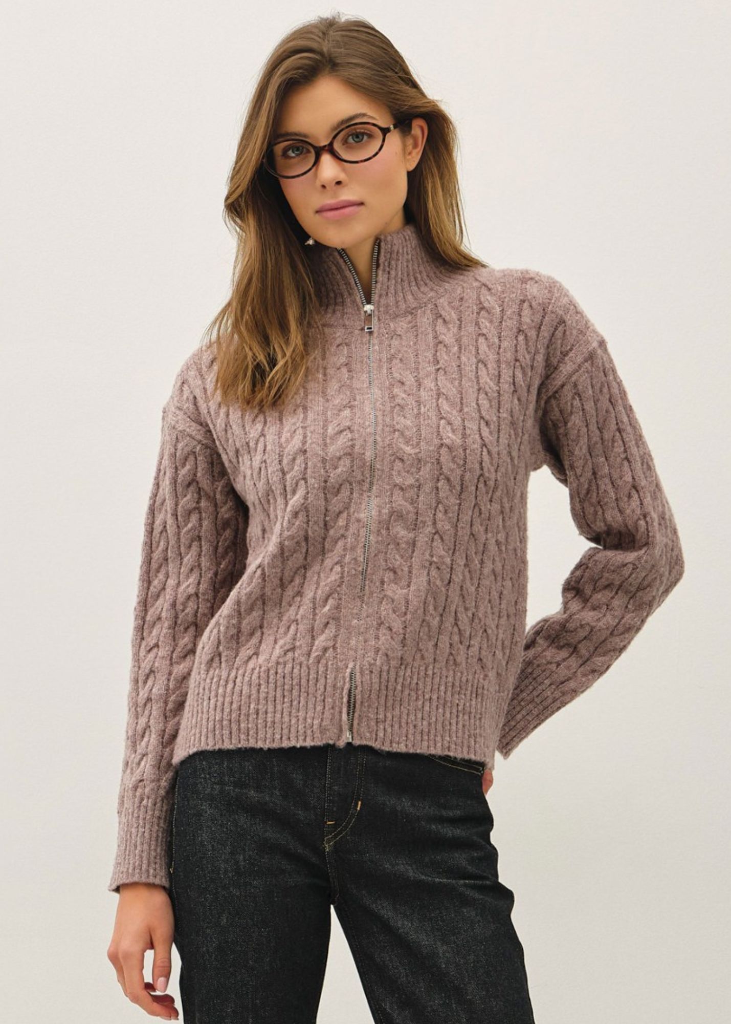 TRISHA CABLE KNIT ZIP UP CARDIGAN