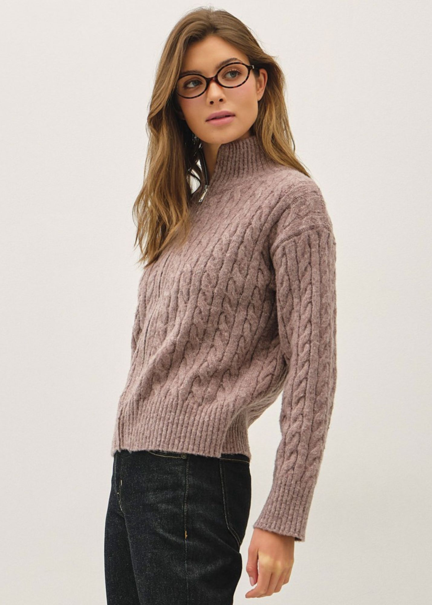 TRISHA CABLE KNIT ZIP UP CARDIGAN