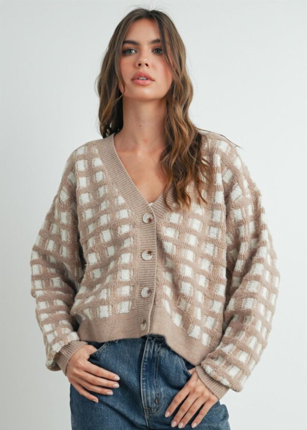 TAUPE AND IVORY CHECKERED PLAID CARDIGAN