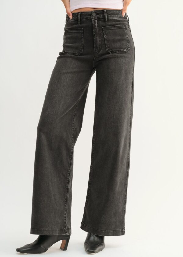 WASHED BLACK PATCH POCKET WIDE LEG JEANS
