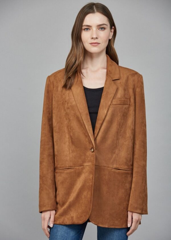 COGNAC BROWN FAUX SUEDE BLAZER