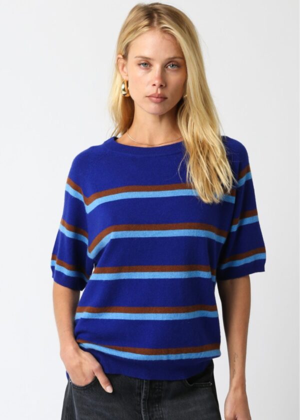 COBALT BLUE, BROWN, AND LIGHT BLUE STRIPE SHORT SLEEVE SWEATER TOP