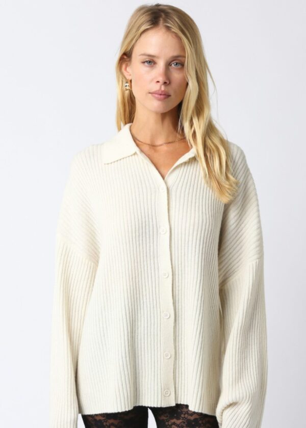 IVORY COLLARED RIB KNIT CARDIGAN