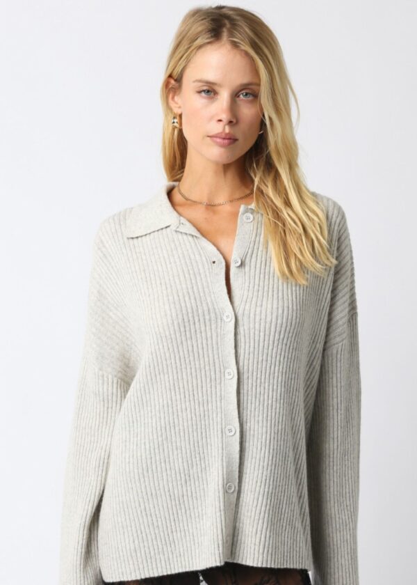 LIGHT GREY COLLARED RIB KNIT CARDIGAN