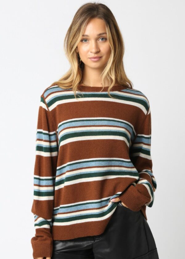 CARAMEL BROWN, BLUE, GREEN, AND WHITE STRIPE OVERSIZED LIGHT KNIT SWEATER