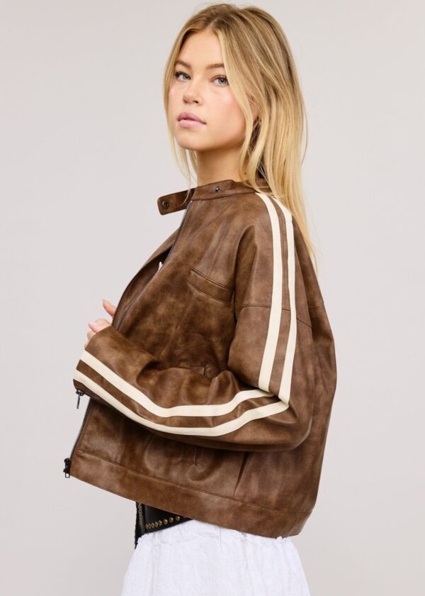 BROWN FAUX LEATHER BOMBER JACKET WITH IVORY STRIPES DOWN SLEEVES