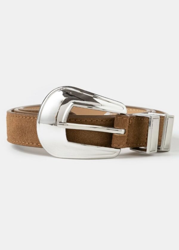 BROWN FAUX LEATHER BELT WITH SILVER BUCKLE
