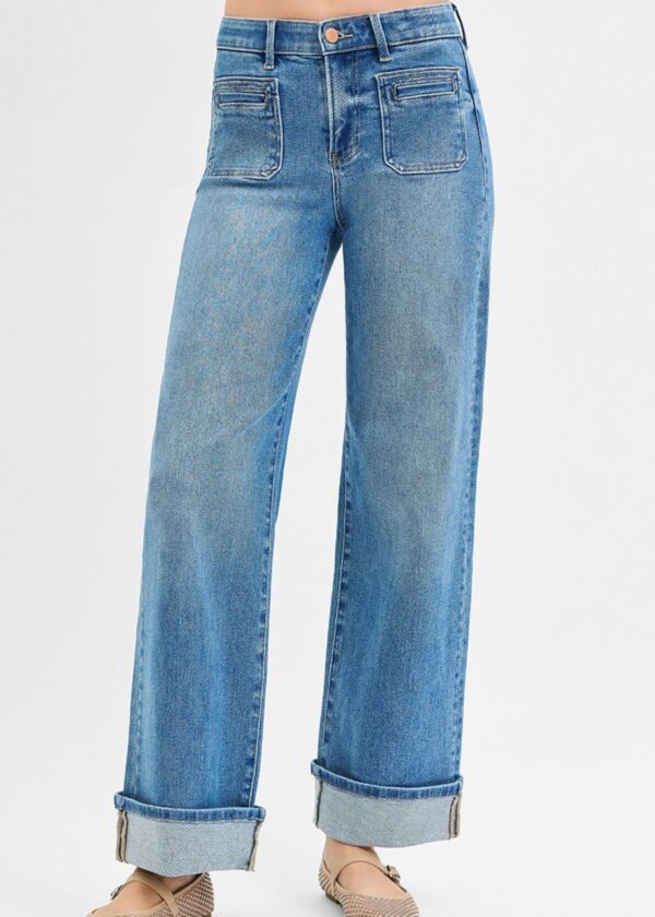 MEDIUM WASH CUFFED WIDE LEG JEANS WITH PATCH POCKETS