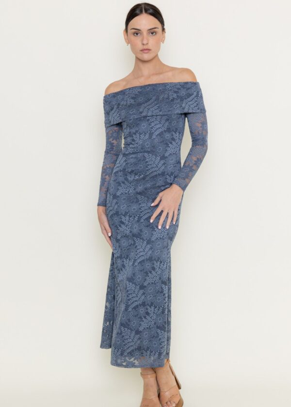 BLUE FLORAL LACE OFF THE SHOULDER MAXI DRESS