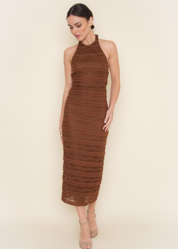 BROWN LACE HALTER MIDI DRESS