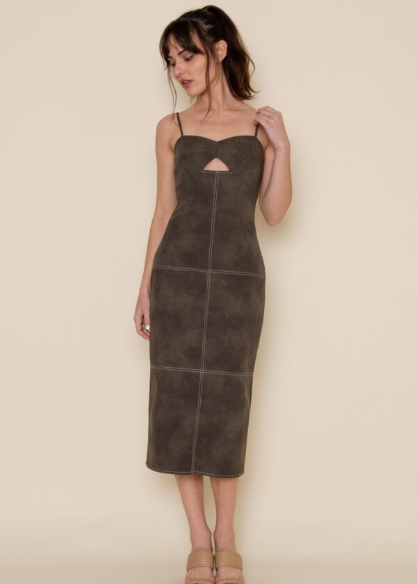 DARK BROWN FAUX LEATHER MIDI DRESS