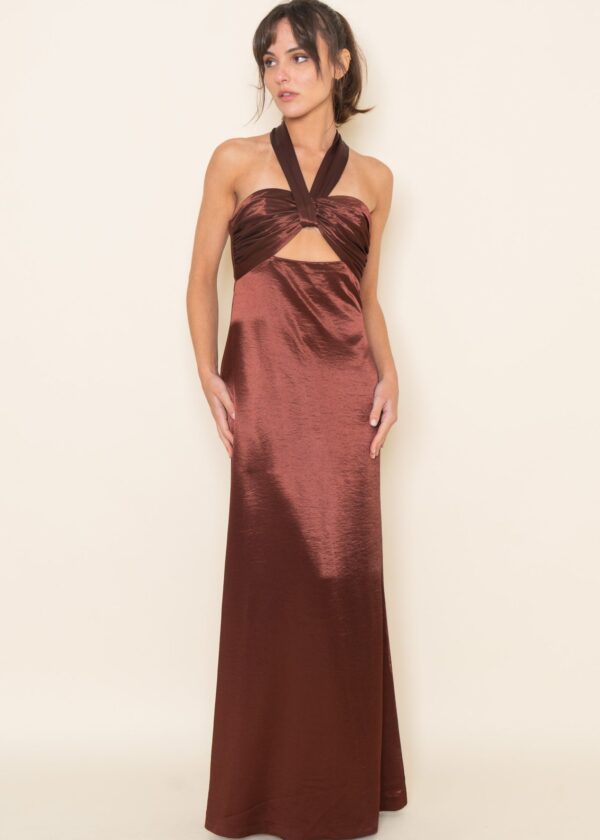 BURGUNDY SATIN HALTER MAXI DRESS