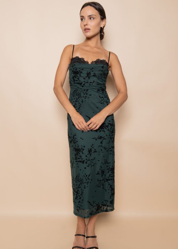 SPRUCE GREEN AND BLACK FLORAL MESH DRESS