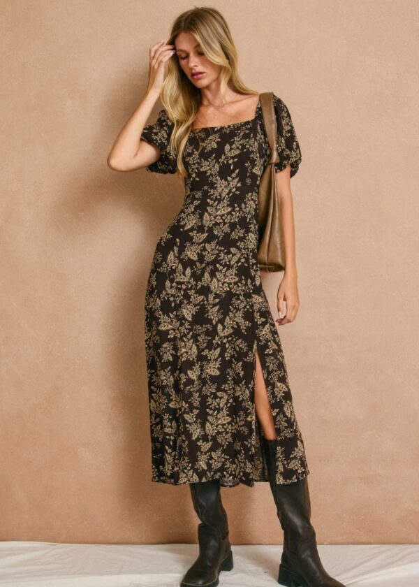 BLACK AND TAN FLORAL PUFF SLEEVE MIDI DRESS