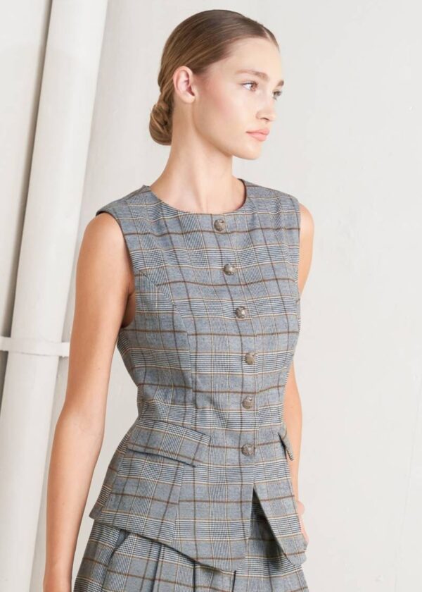 BLACK AND BROWN PLAID VEST WITH GOLD BUTTONS