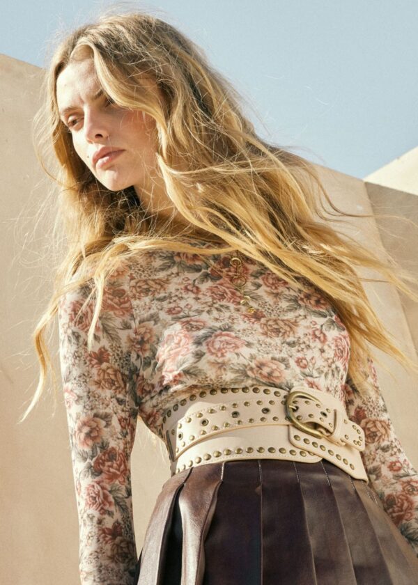 CREAM AND MUTED RED FLORAL MESH TOP