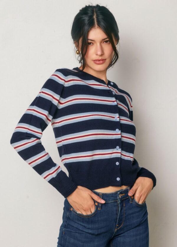 NAVY, LIGHT BLUE, RED, AND WHITE STRIPE CARDIGAN