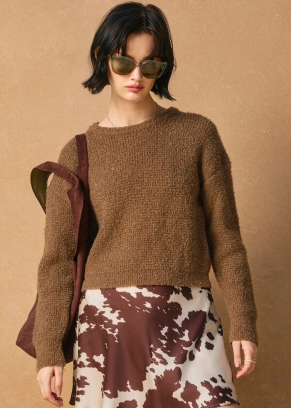 BROWN FUZZY WAFFLE KNIT SWEATER