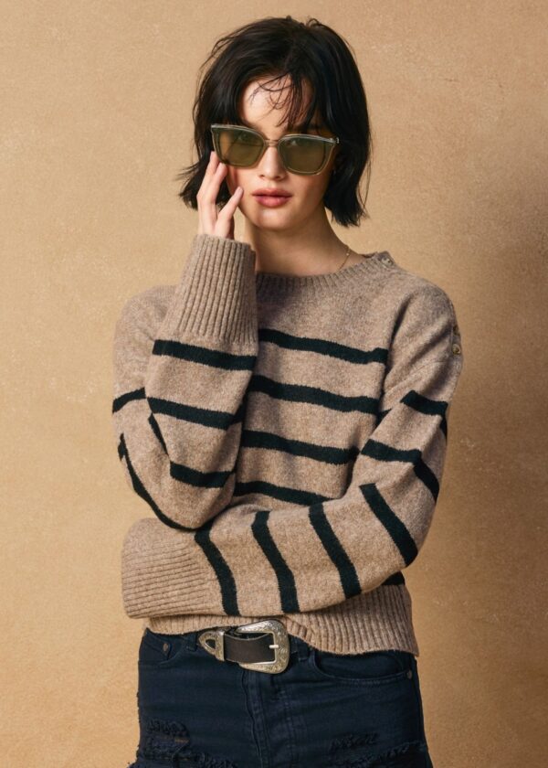 DARK TAUPE AND BLACK STRIPE SWEATER WITH SHOULDER BUTTON ACCENTS