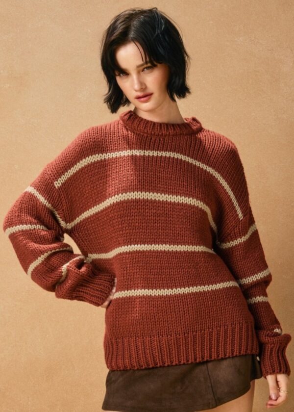 RUST AND CREAM STRIPE PULLOVER SWEATER