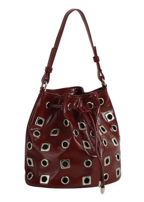 RED FAUX LEATHER DRAWSTRING BUCKET BAG WITH GROMMET ACCENTS