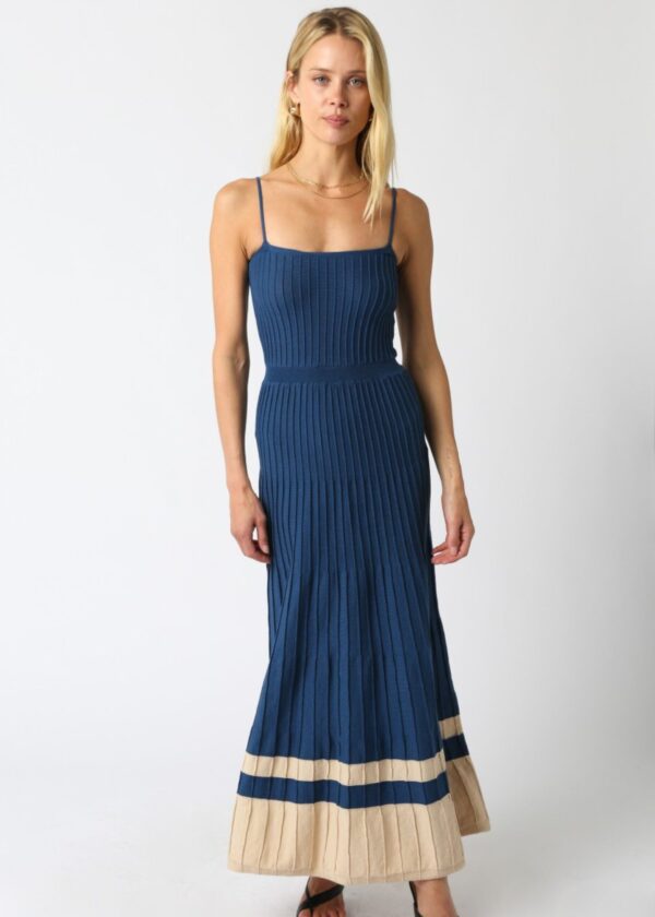 TEAL BLUE AND KHAKI COLOR BLOCK KNIT MAXI DRESS