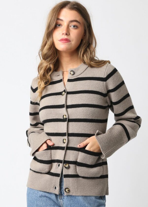 HEATHER GREY AND BLACK STRIPE CARDIGAN WITH PATCH POCKETS